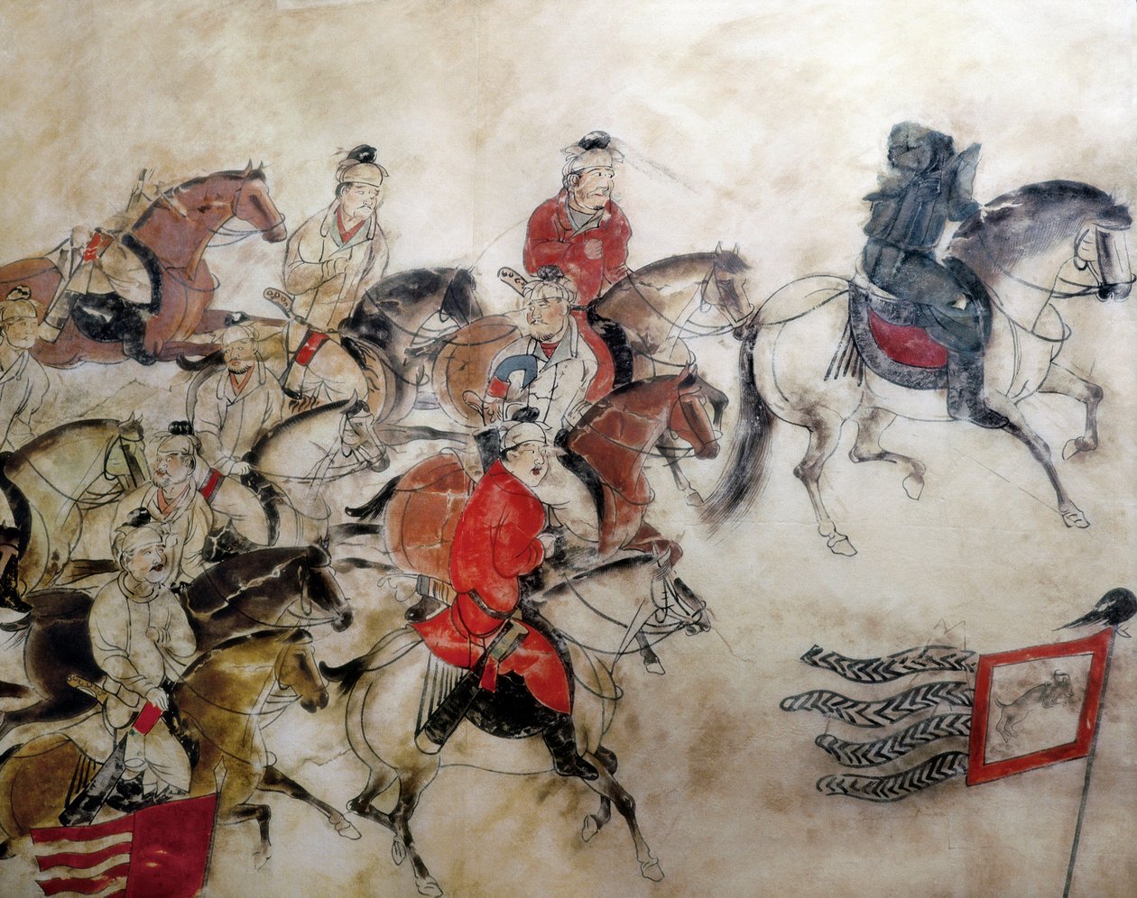 Grób księcia Zhanghuai, scena polowania z końmi, Xian, okres Han, 706 (fresk) autorstwa Chinese School