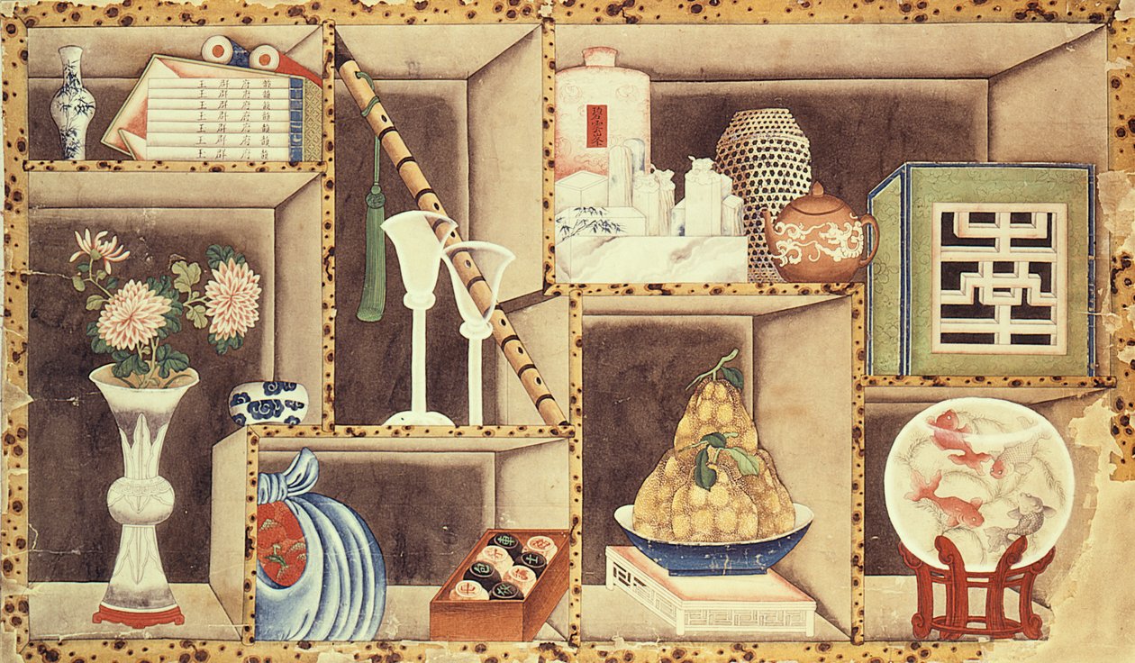 Trompe loeil chińskich przedmiotów (wc na papierze) autorstwa Chinese School