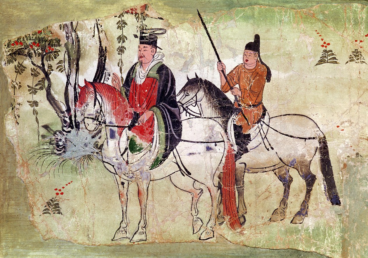 Dwóch jeźdźców w krajobrazie, Bodhisattwa i jego koniuszy, okres Tang (malowany kamień) autorstwa Chinese School