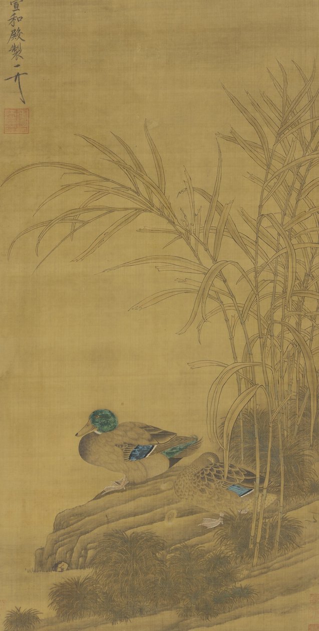Dwie kaczki wśród trzcin nad brzegiem wody, dynastia Ming lub Qing, XV-XVIII w. autorstwa Chinese School
