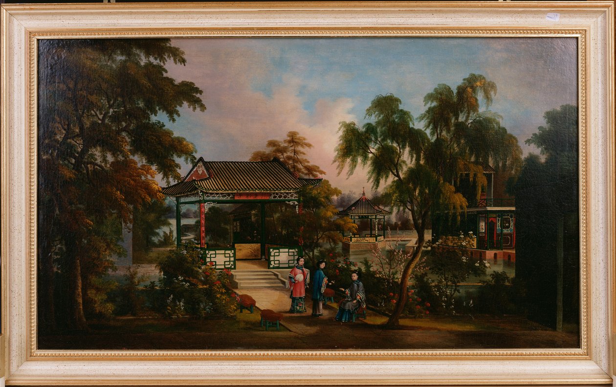 Widok ogrodu Howqua w kantonie z damami przy pawilonie, ok. 1850 autorstwa Chinese School