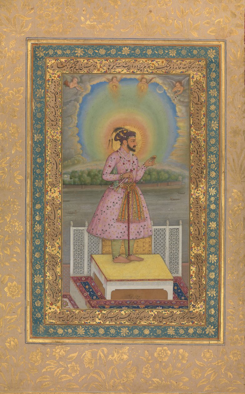 Shah Jahan na tarasie, trzymający zestaw wisiorków ze swoim portretem, Folio..., 1627-28. autorstwa Chitarman