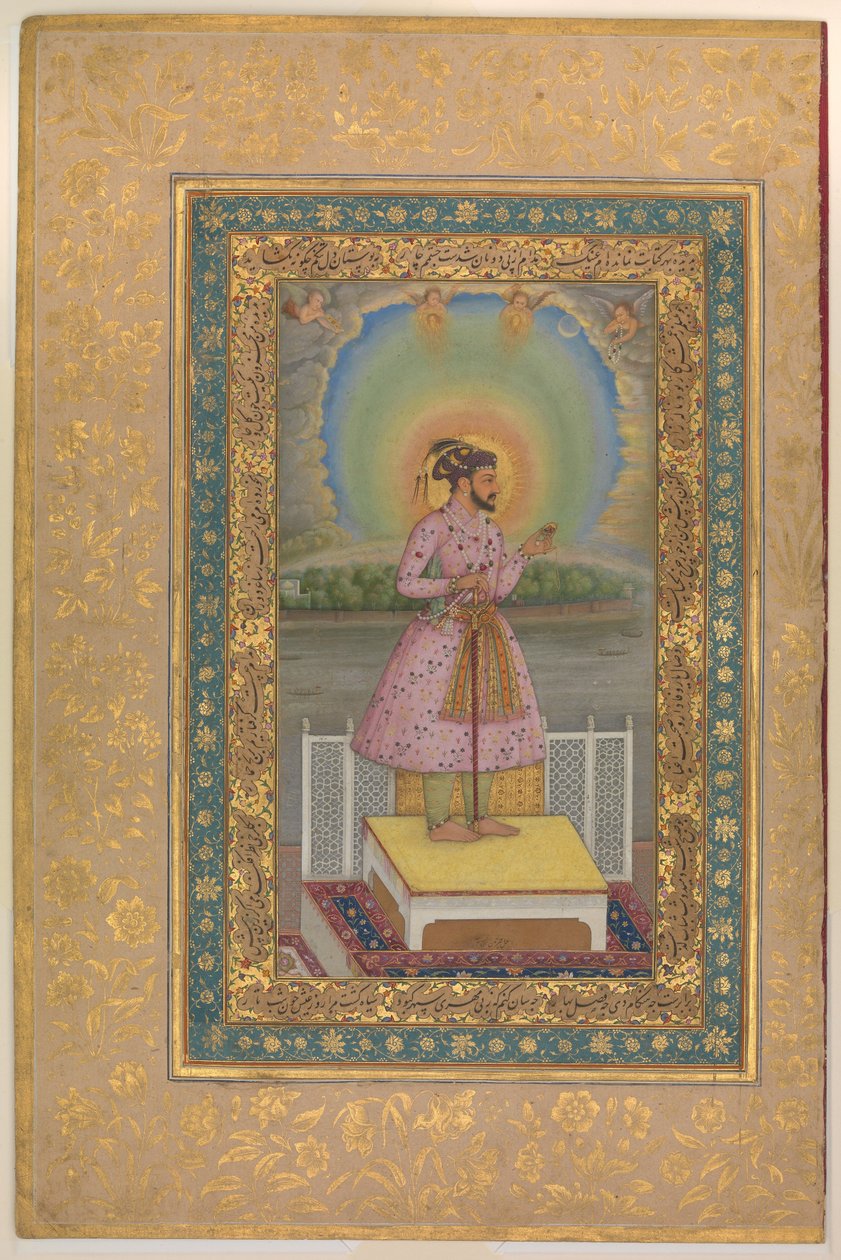 Shah Jahan na tarasie, trzymający zestaw wisiorków ze swoim portretem, folio z albumu Shah Jahan, recto: 1627–28 autorstwa Chitarman