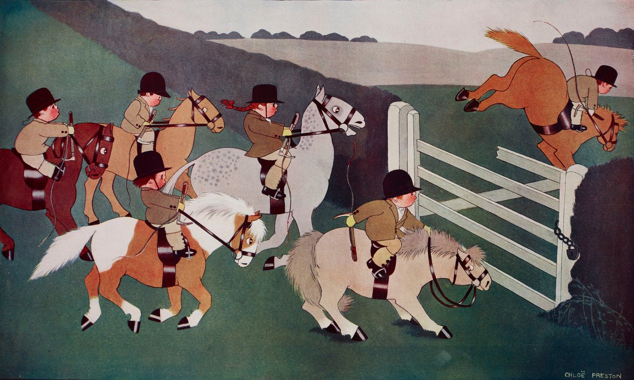 The gate crashers, jockeys on horseback, karykatura autorstwa Chloe Preston (1887-1969) z The Tatler, nr 1435, 26 grudnia autorstwa Chloe Preston