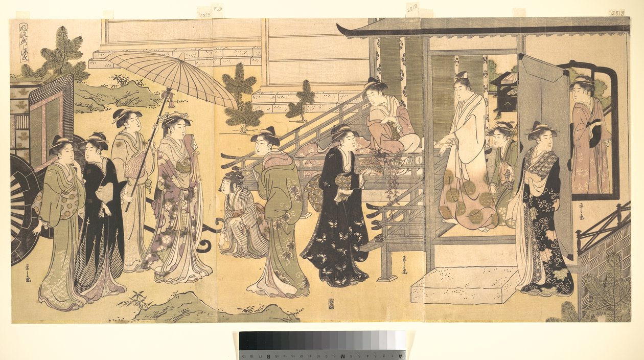 Przebrana scena z Opowieści o Genjim (Fūryū Yatsushi Genji), rozdział 33, „Liście glicynii (Fuji no uraba)” autorstwa Chobunsai Eishi
