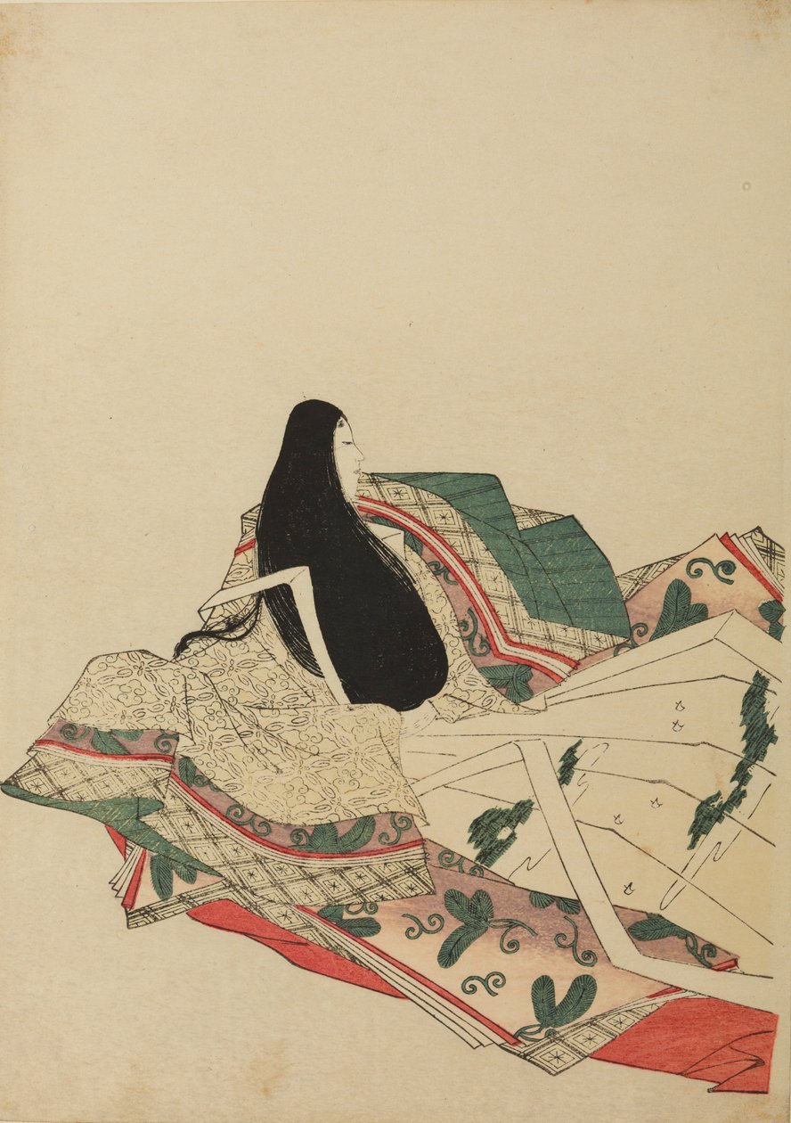 Siedząca dama dworu, widoczna w trzech czwartych od tyłu, plansza z albumu: Nishiki-zuri onna sanju rokkasen e-zukushi autorstwa Chobunsai Eishi