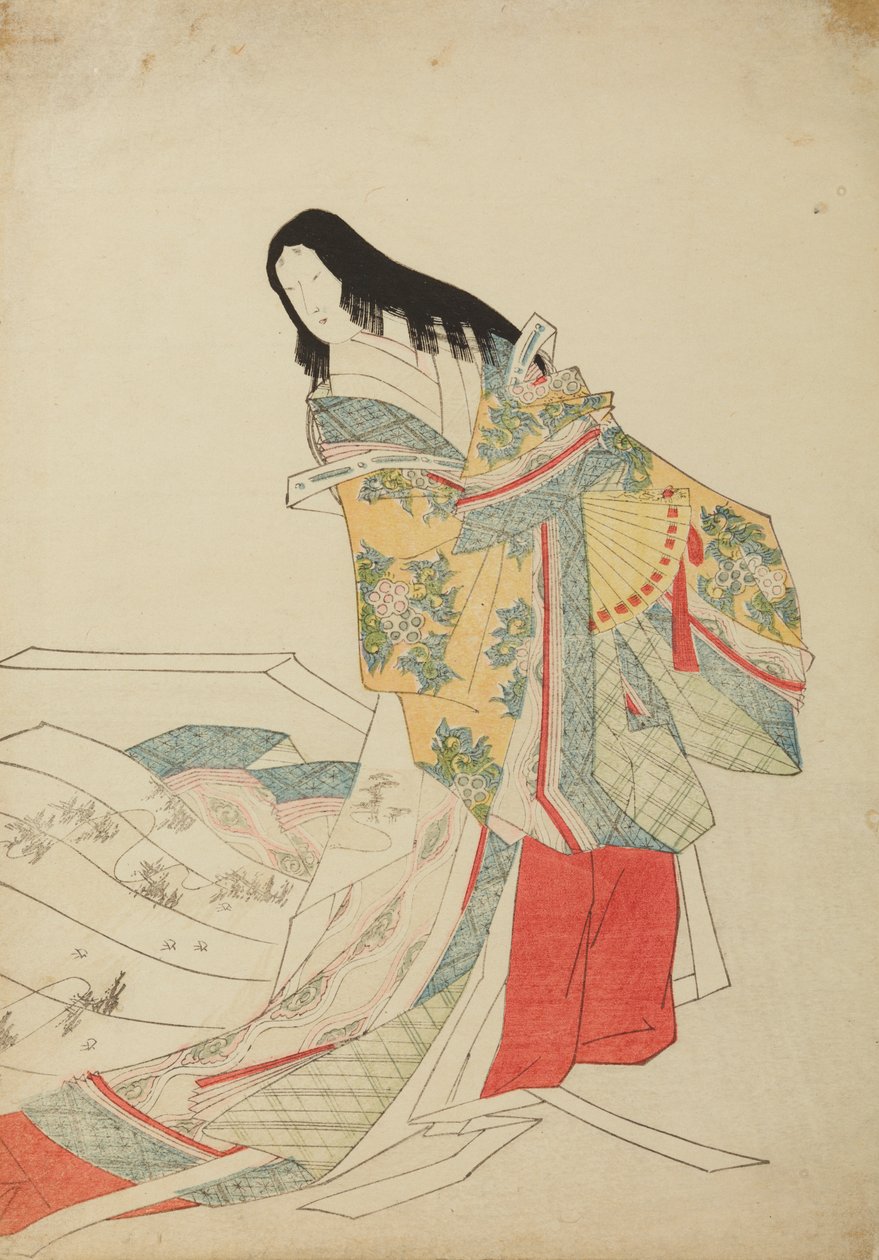 Stojąca dama dworu z wachlarzem, tablica z albumu: Nishiki-zuri onna sanju e-zukushi autorstwa Chobunsai Eishi