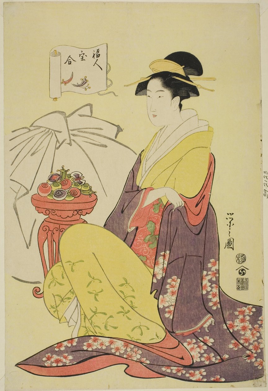 Hotei, z serii "Porównanie skarbów bogów szczęścia (Fukujin takara awase)", ok. 1795 (kolorowy drzeworyt; oban) autorstwa Chobunsai Eishi