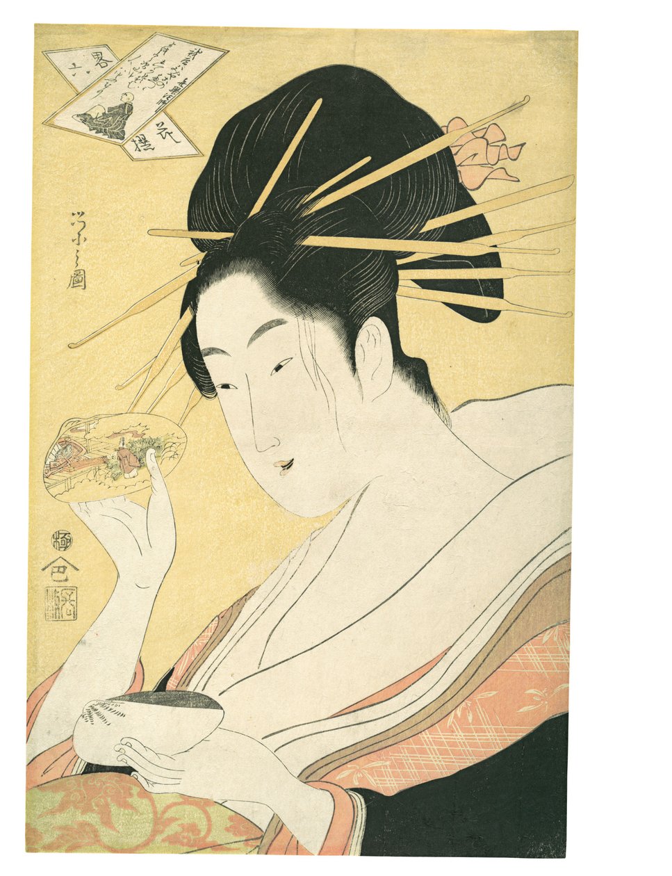 Dobieranie muszli (Kai-awase), „Kisen Hōshi”, z serii Współczesne parodie sześciu nieśmiertelnych poetów (Yatsushi rokkasen: Kisen Hōshi) autorstwa Chobunsai Eishi