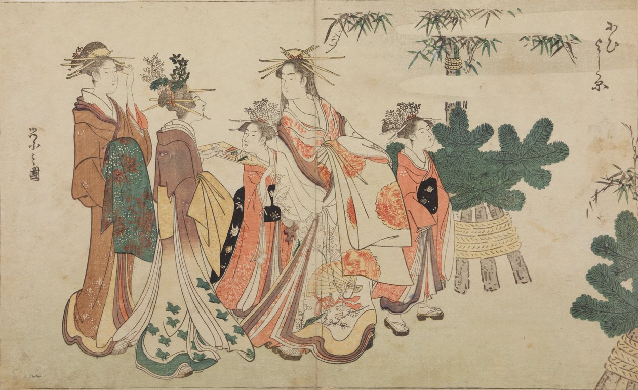 Oiran podczas noworocznego spaceru w otoczeniu dwóch shinzo i dwóch kamuro autorstwa Chobunsai Eishi