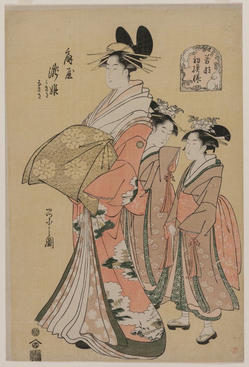 Kurtyzana Takihime i Attendants z serii New Patterns of Young Greens, 1795. autorstwa Chobunsai Eishi