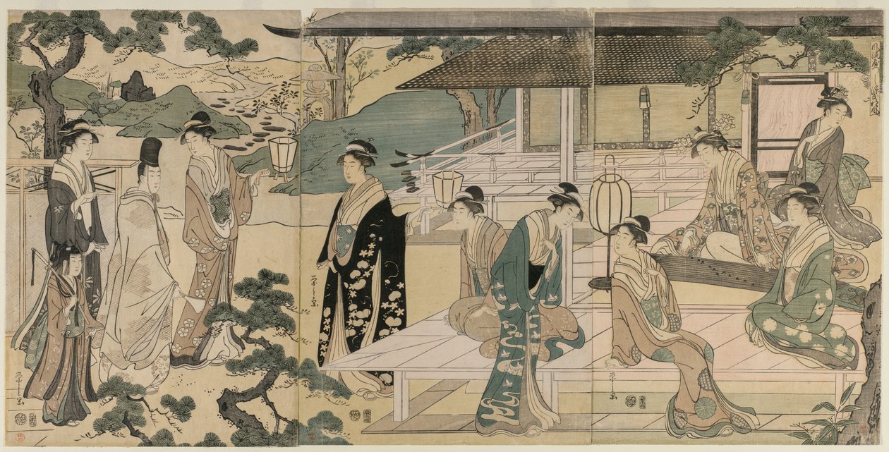 Rozdział Opowieści Genji Matsukaze z serii The Tale of Genji, c. 1791. autorstwa Chobunsai Eishi
