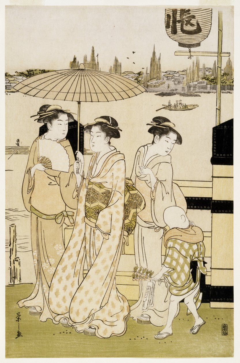 Trzy kobiety i chłopiec nad rzeką Sumida, 1788-89 (drewnodruk) autorstwa Chobunsai Eishi