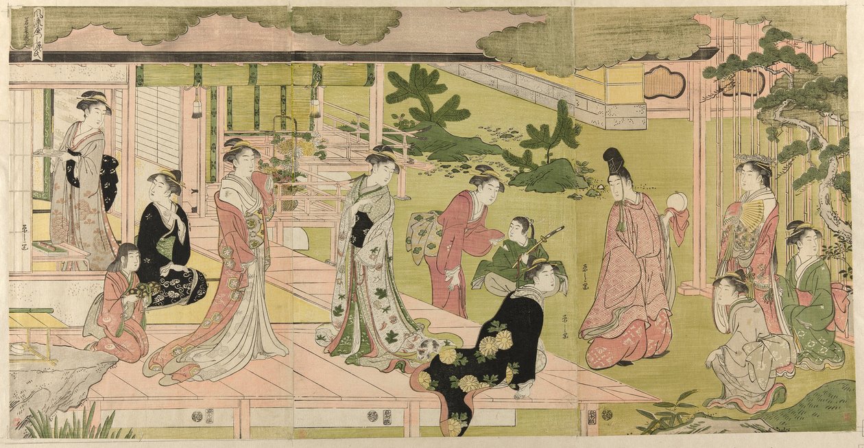 Wakana, część 1 (Wakana, jo), z serii „Modna parodia opowieści o Genji (Furyu yatsushi Genji)” autorstwa Chobunsai Eishi
