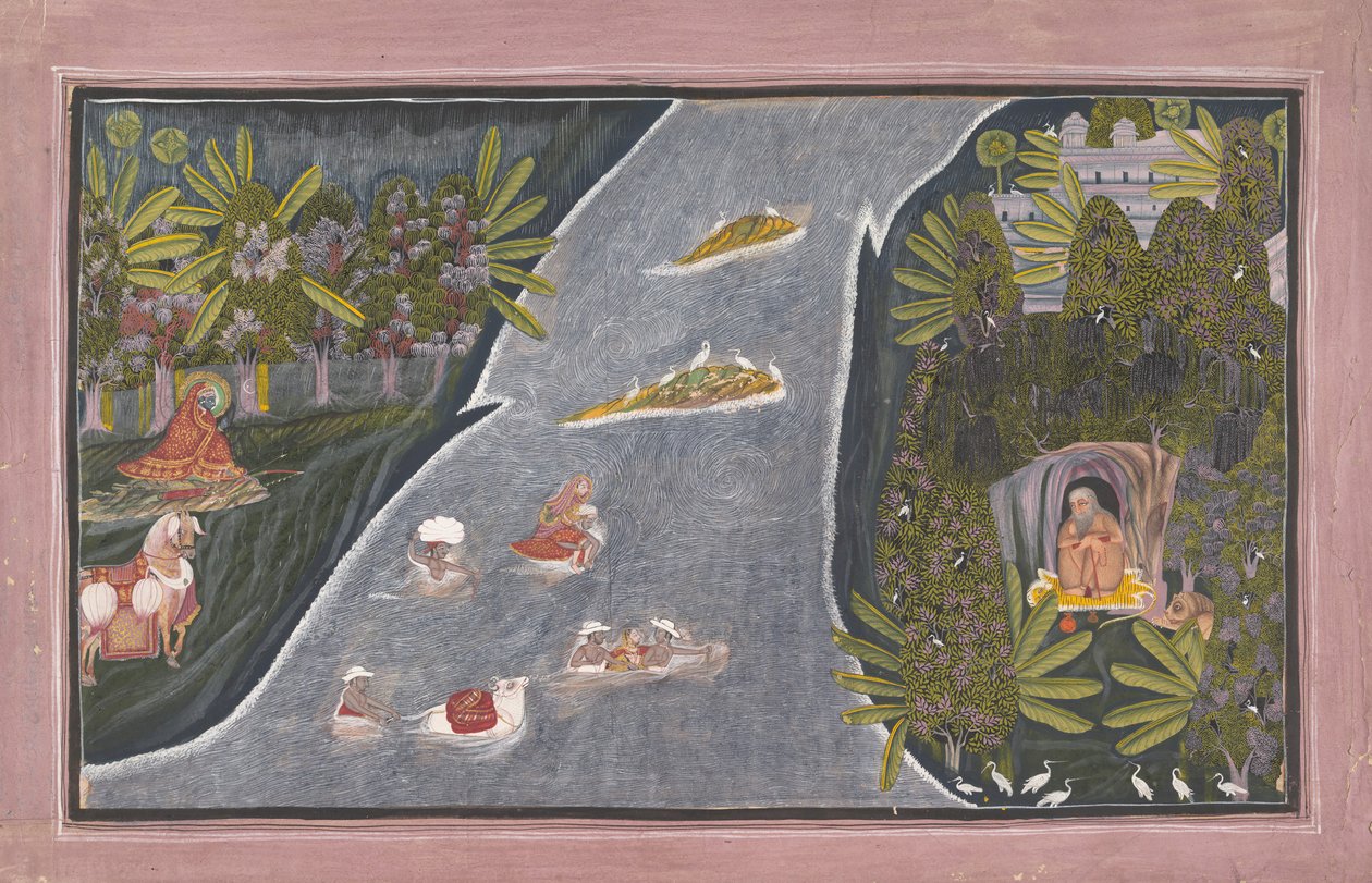 Radha przekracza rzekę, aby przeprowadzić wywiad z hinduskim mędrcem, ca. 1820. autorstwa Chokha