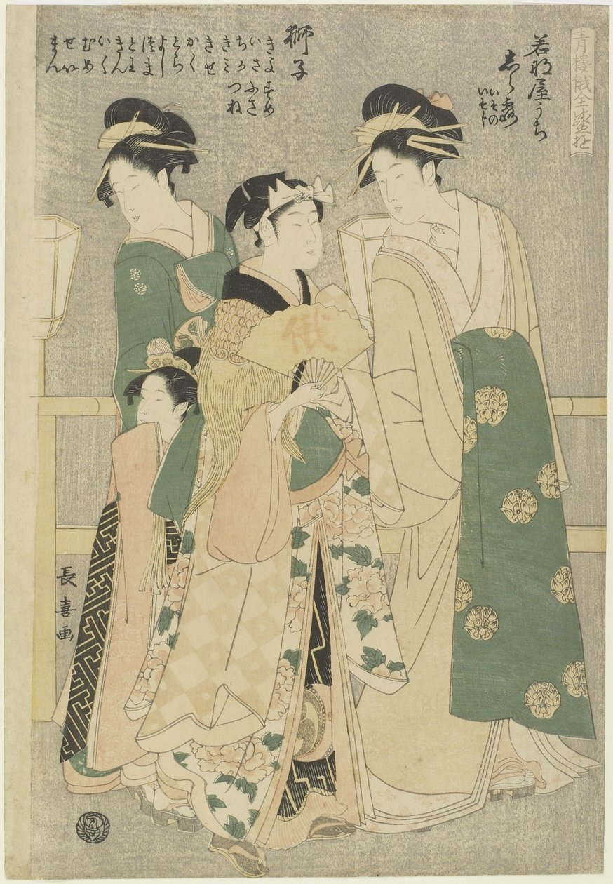 Trzy kurtyzany z domu Wakafune-ya: Shiratsuyu, Isono i Isoji, ok. 1930 r. 1794 autorstwa Choki Eishusai