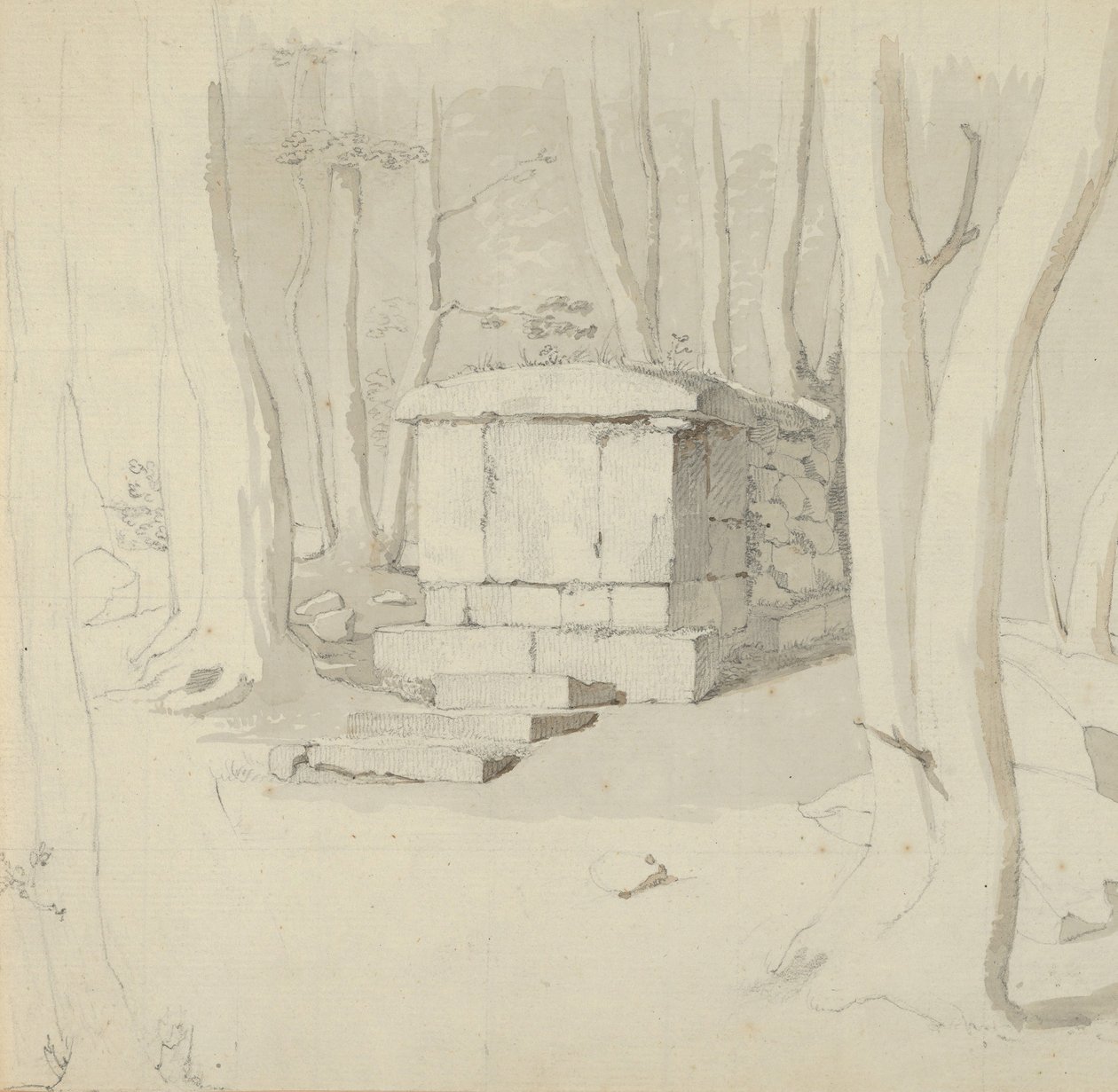 Kamienny grobowiec w lesie, verso: Studium kwiatu, 1830. autorstwa Christen Købke