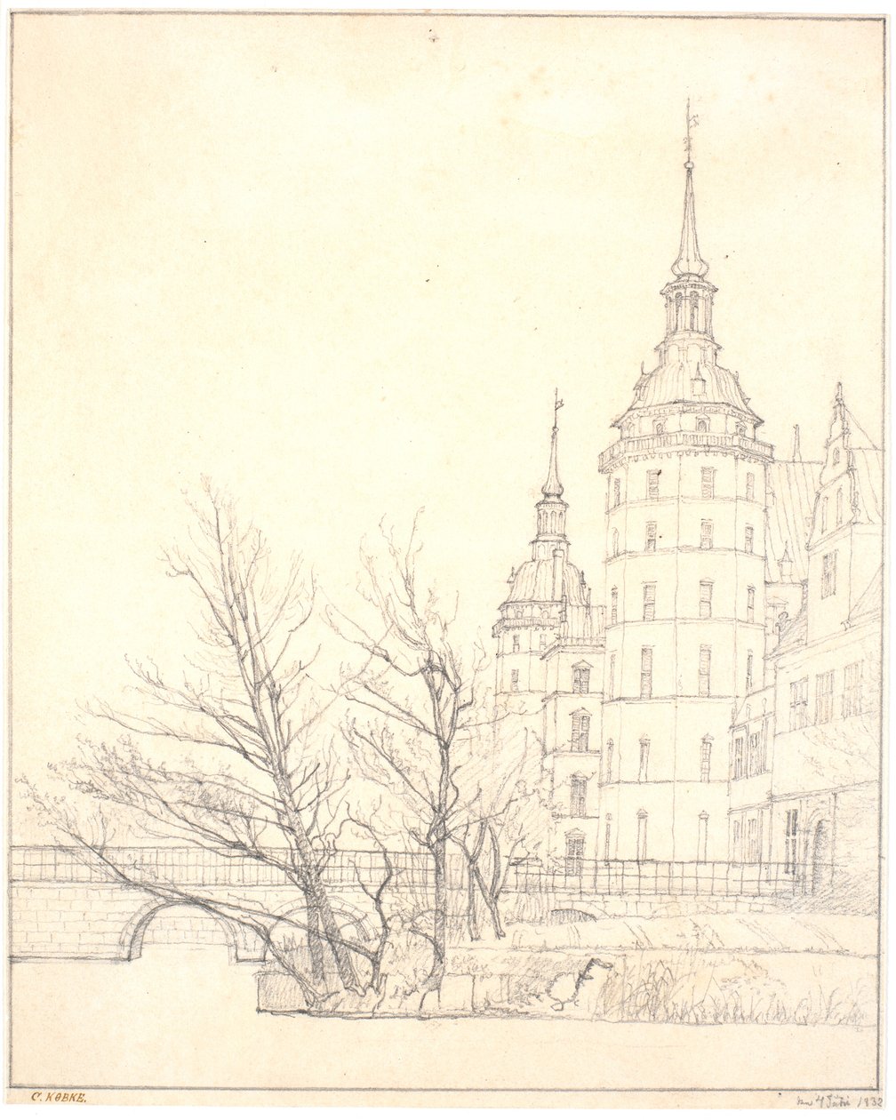 Zamek Frederiksborg. Widok przy moście monetowym autorstwa Christen Købke