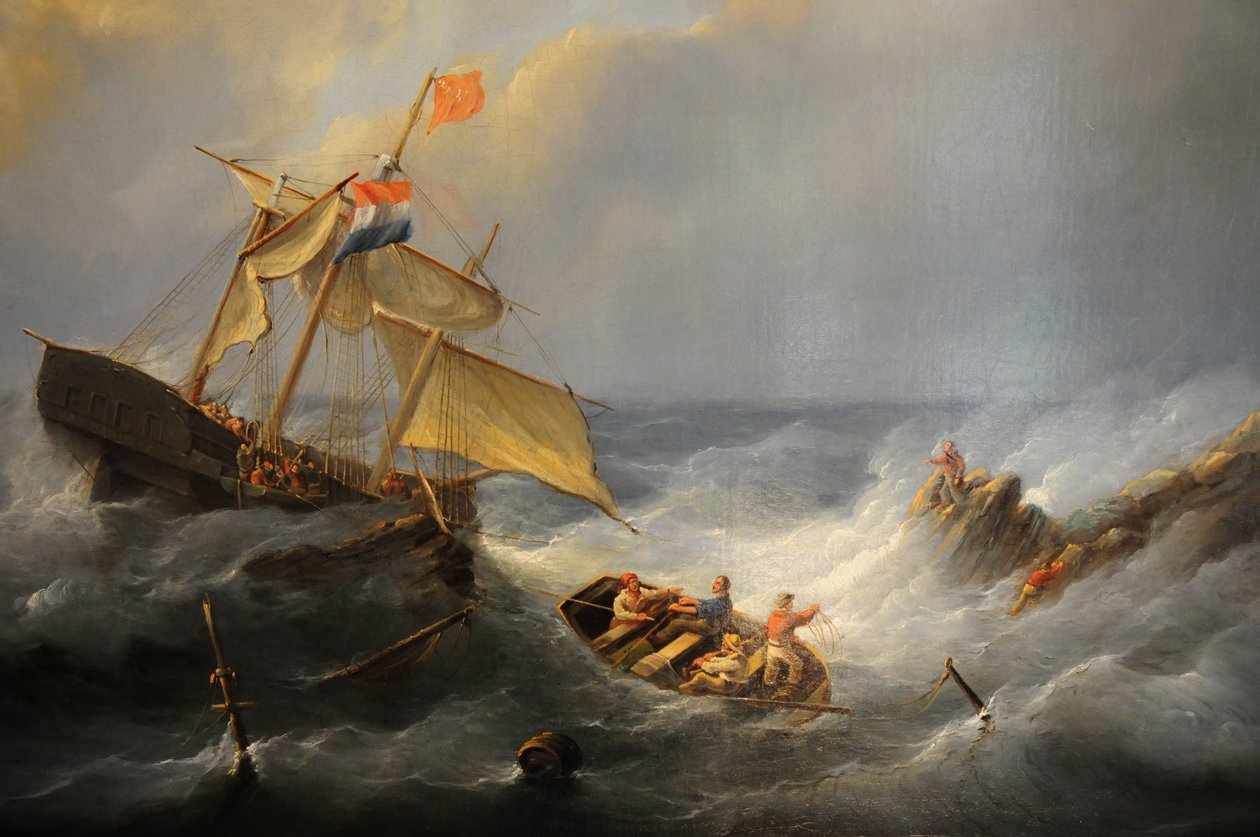 statek w tarapatach na skalistym wybrzeżu autorstwa Christiaan Cornelis Kannemans