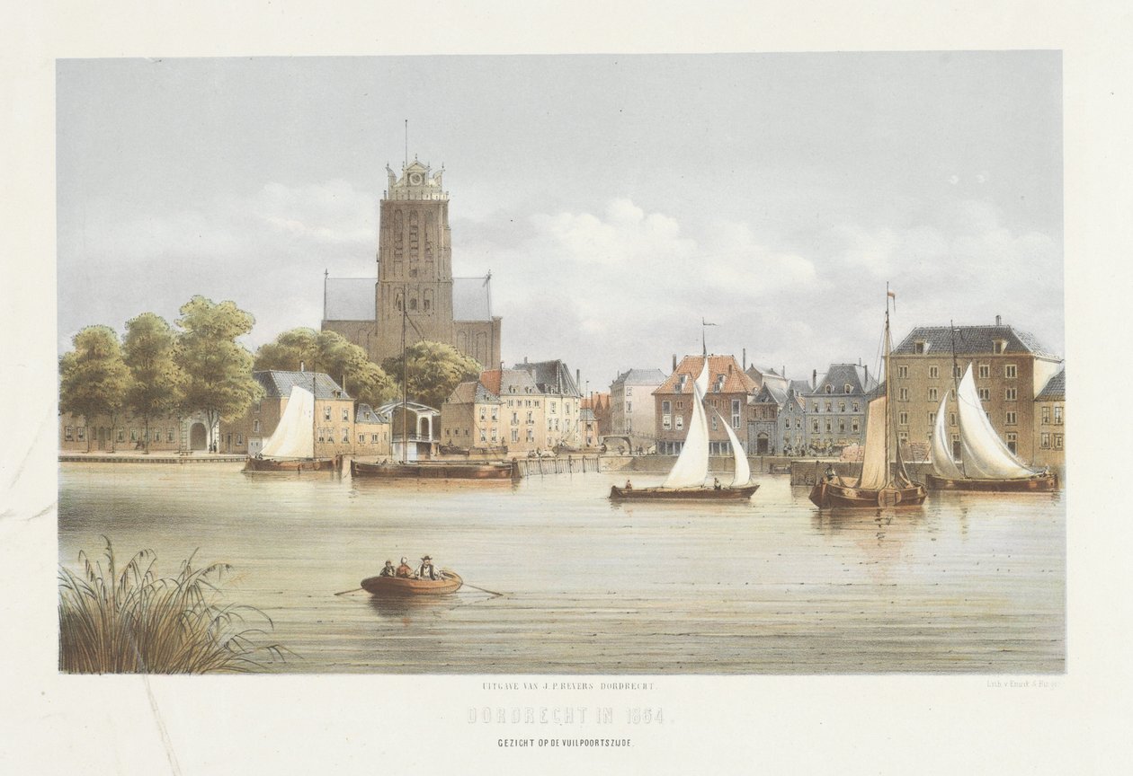 Widok Dordrechtu Widok od strony Vuilpoorts (tytuł na obiekcie) Widok Dordrechtu w 1864 r. (tytuł serii na obiekcie) autorstwa Christiaan Bos