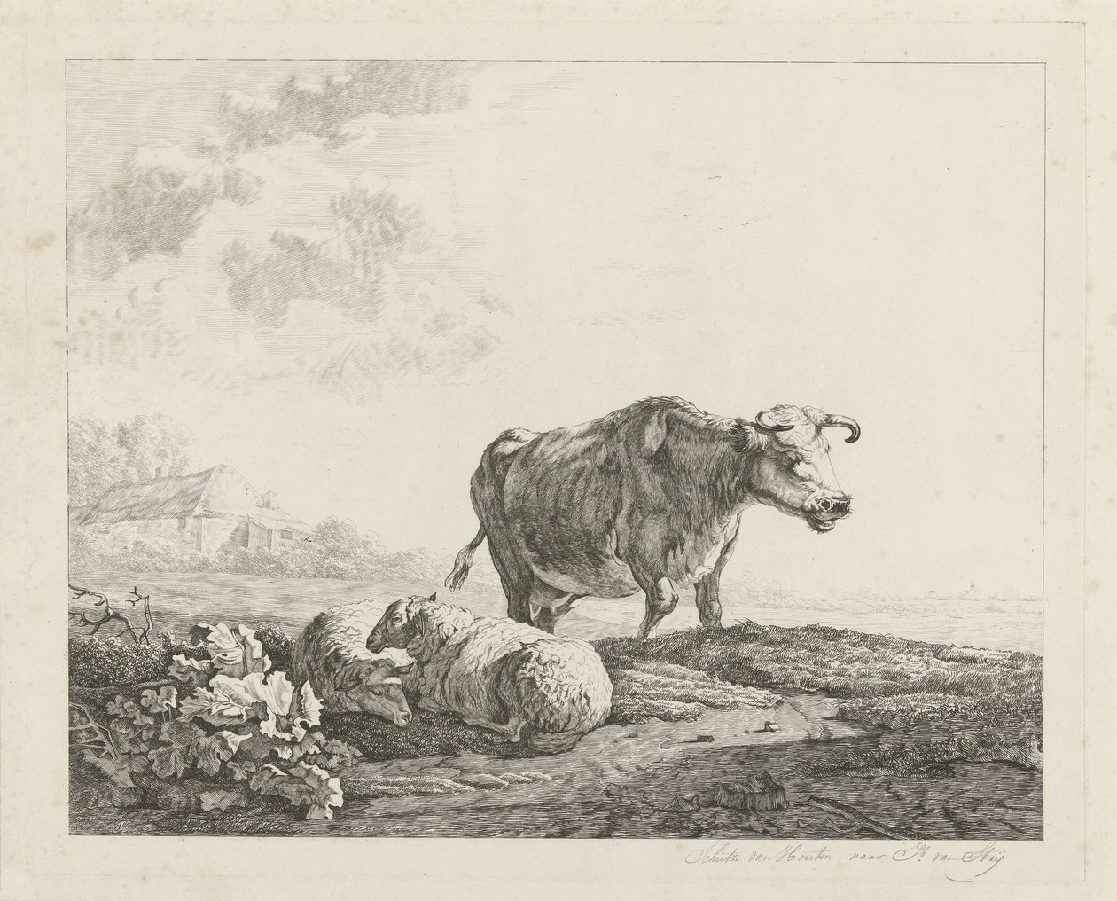 Krajobraz z krową i dwiema owcami autorstwa Christiaan Godfried Schutze van Houten