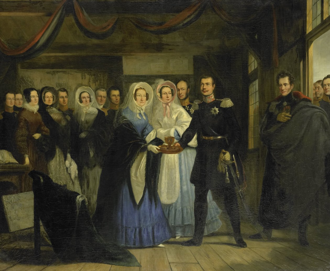 Księżniczka Orańska przyjmuje Aleksandra II (1818-1881), wielkiego księcia i następcę tronu Rosji, w domu cara Piotra w Zaandam, 17 kwietnia 1839 autorstwa Christiaan Julius Lodewijk Portman