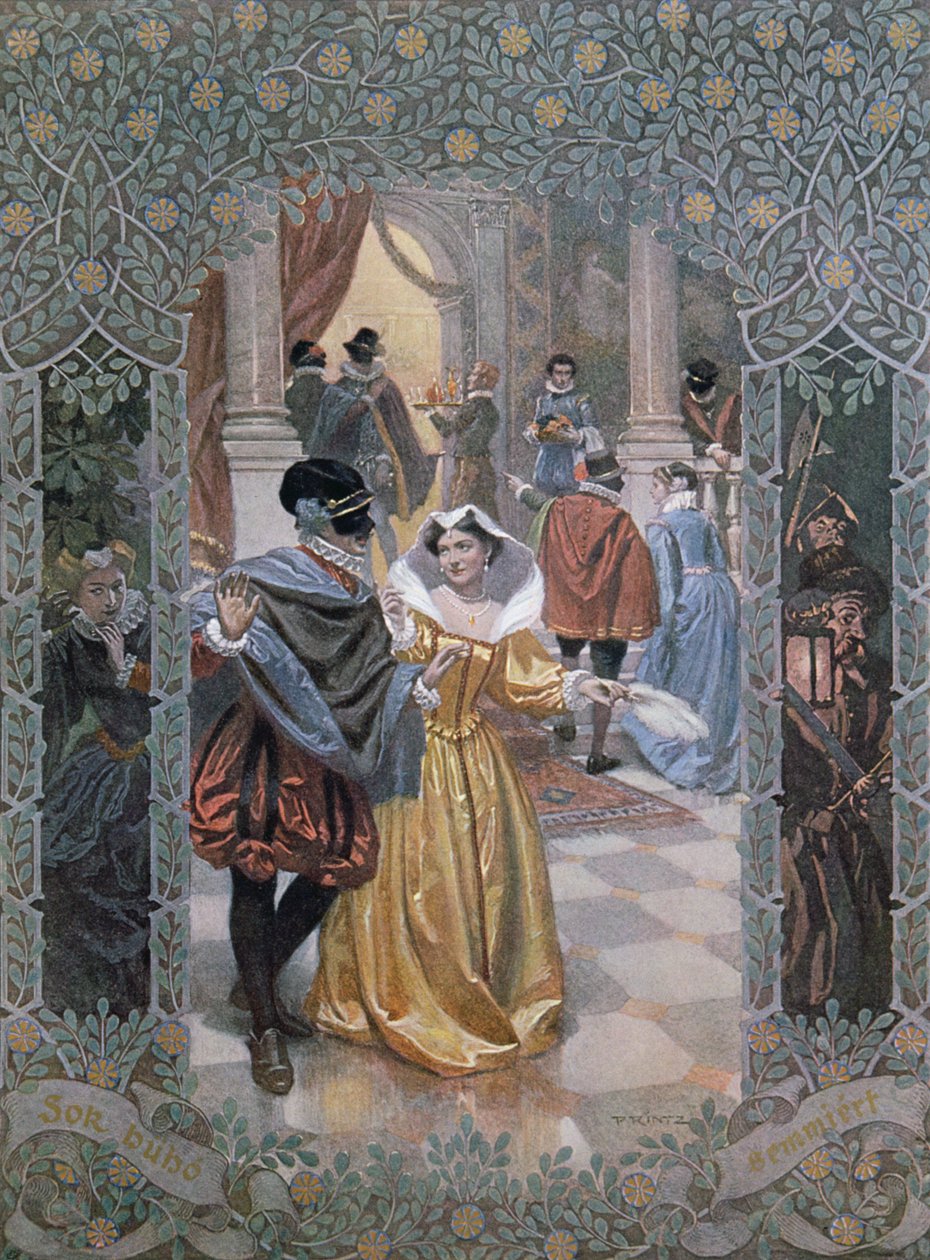 Ilustracja do sceny w "Wiele hałasu o nic", ok. 1900 r. autorstwa Christian August Printz