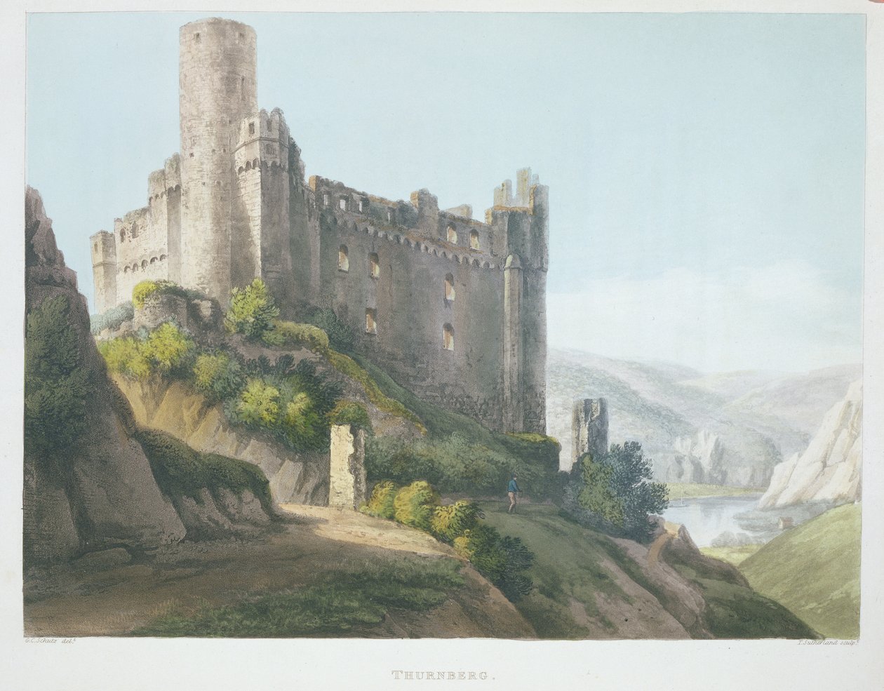 Thurnberg, ryty T. Sutherland, z „Malowniczej podróży wzdłuż Renu, od Mentz do Kolonii”, wyd. R. Ackermann, Londyn, 1820 autorstwa Christian Georg II Schutz or Schuz