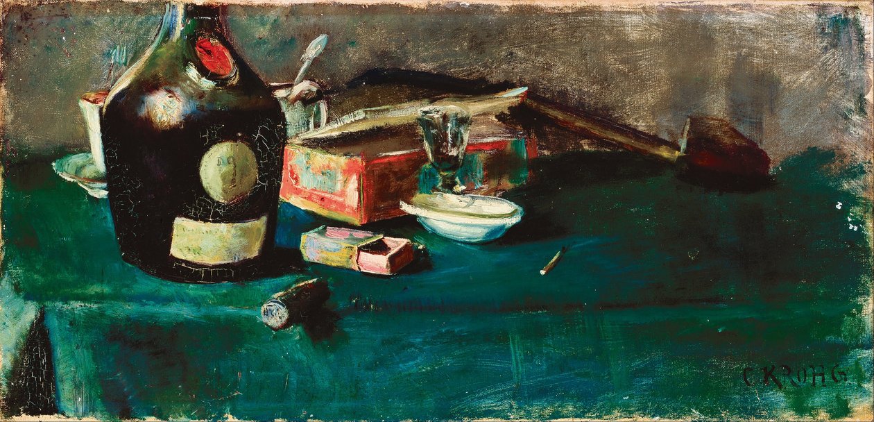 Martwa natura z butelką D.O.M. autorstwa Christian Krohg