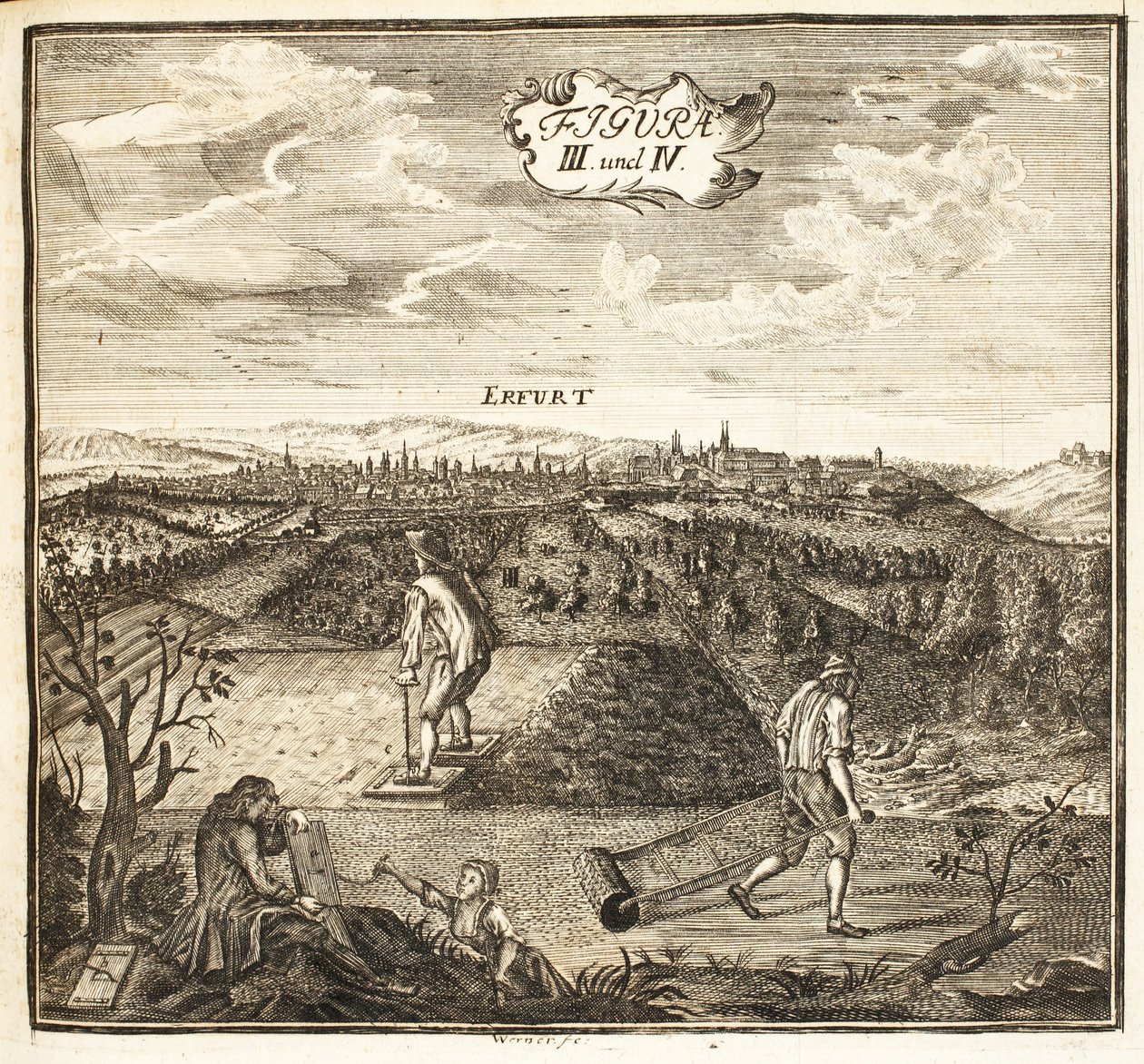 Ogrodnicy przygotowują grunt pod siew, wyd. Erfurt w Turyngii, grawerowanie 1753-55 autorstwa Christian Reicharts
