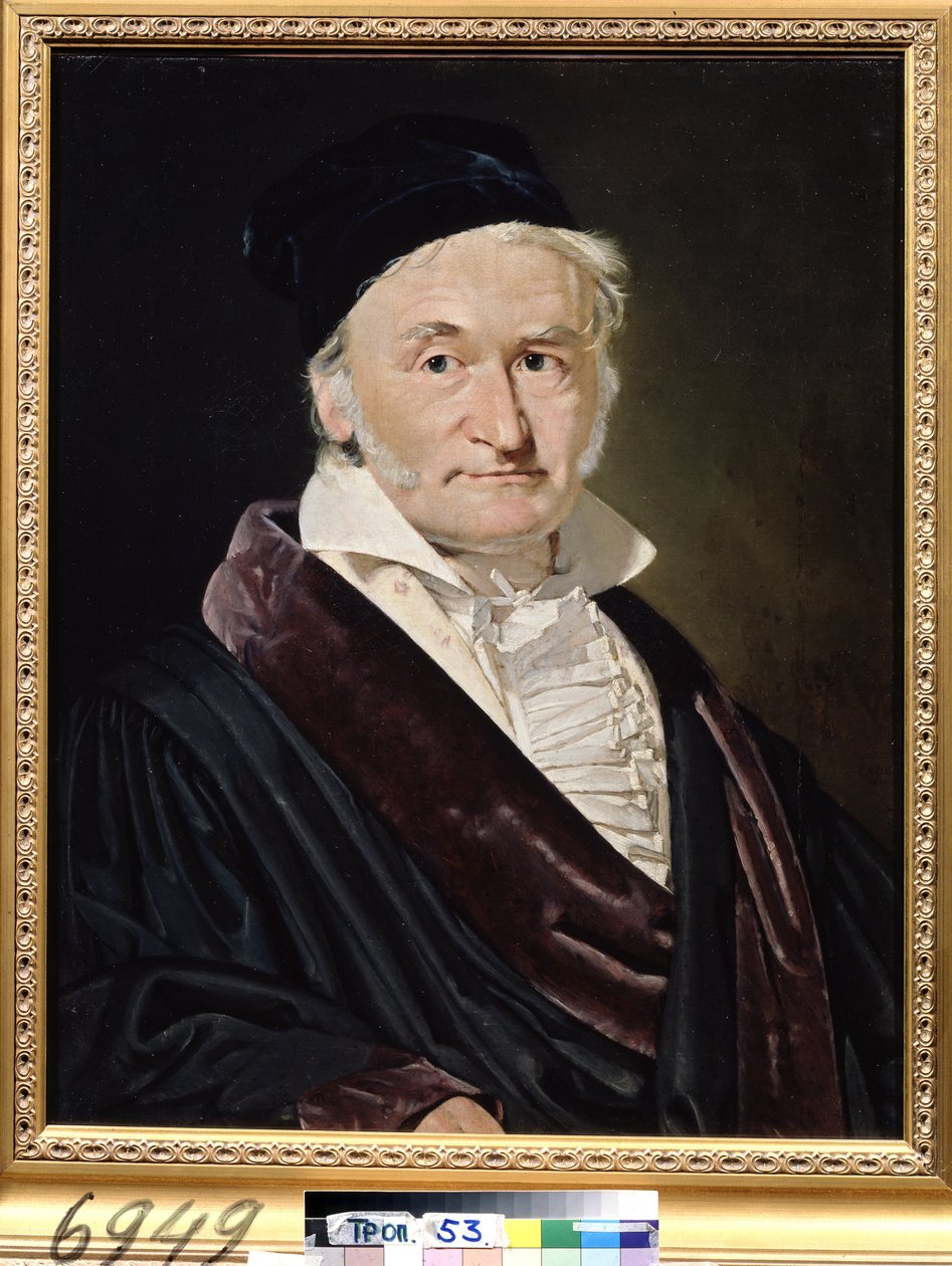 „Portrait du scientifique allemand Karl (Carl) Friedrich Gauss (1777-1855)” (Portret matematyka, astronoma i fizyka Carla Friedricha Gaussa (1777-1855)) Obraz Christiana Albrechta Jensena (1792-1870) 1840 wym. 66x52 cm Musee Pouchkine, M autorstwa Christian Albrecht Jensen