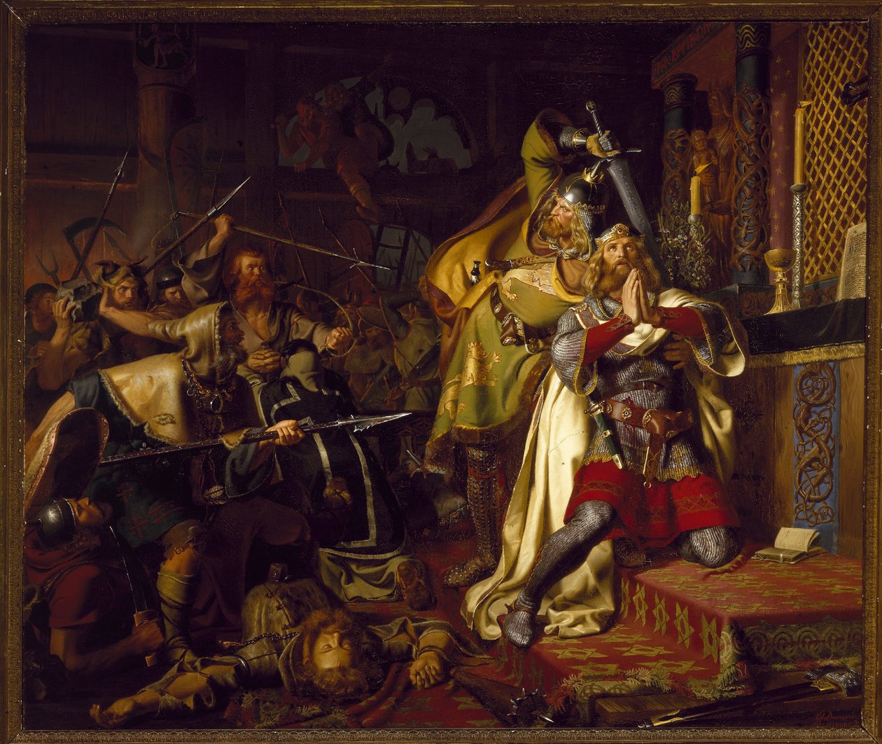 Mort de Knut (Canut, Knud) IV Duński Święty (1040-1086) - Śmierć Kanuta IV Duńskiego w kościele św. Albanusa (Zabójstwo Kanuta Świętego) autorstwa Christiana Albrechta von Benzona (1816-1849) autorstwa Christian Albrecht von Benzon