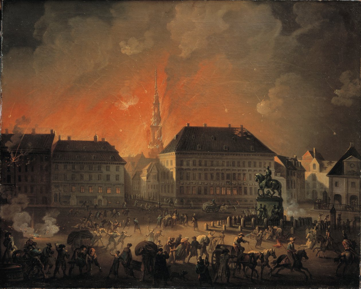 The Most Terrible Night, widok na Kongens Nytorv w Kopenhadze podczas angielskiego bombardowania Kopenhagi w nocy z 4 na 5 września 1807 r. autorstwa Christian August Lorentzen