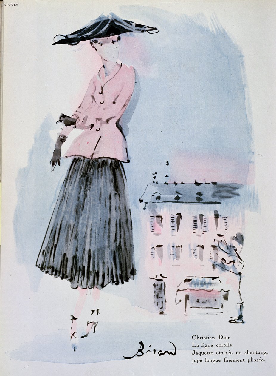 Talerz z modą autorstwa Christiana Diora, ilustracja z magazynu „Vogue”, czerwiec 1947 (grawerowanie w kolorze) autorstwa Christian Bérard