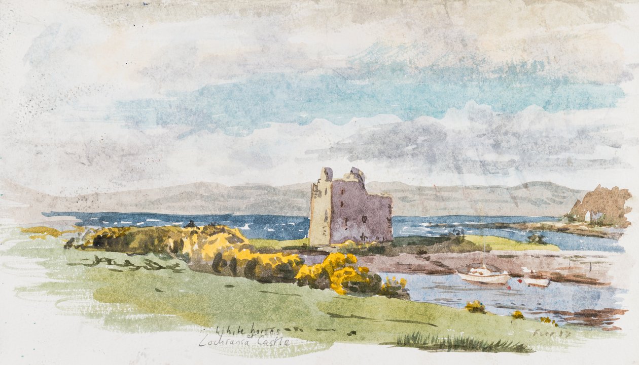 White Horses At Lochranza Castle, 2017 (akwarela na papierze akwarelowym) autorstwa Christian Furr