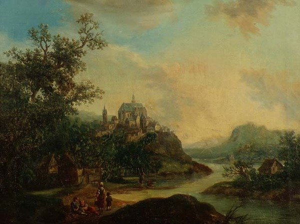 Widok Nadrenii z postaciami na pierwszym planie i ufortyfikowanym miastem na wzgórzu za nim autorstwa Christian Georg II Schutz or Schuz
