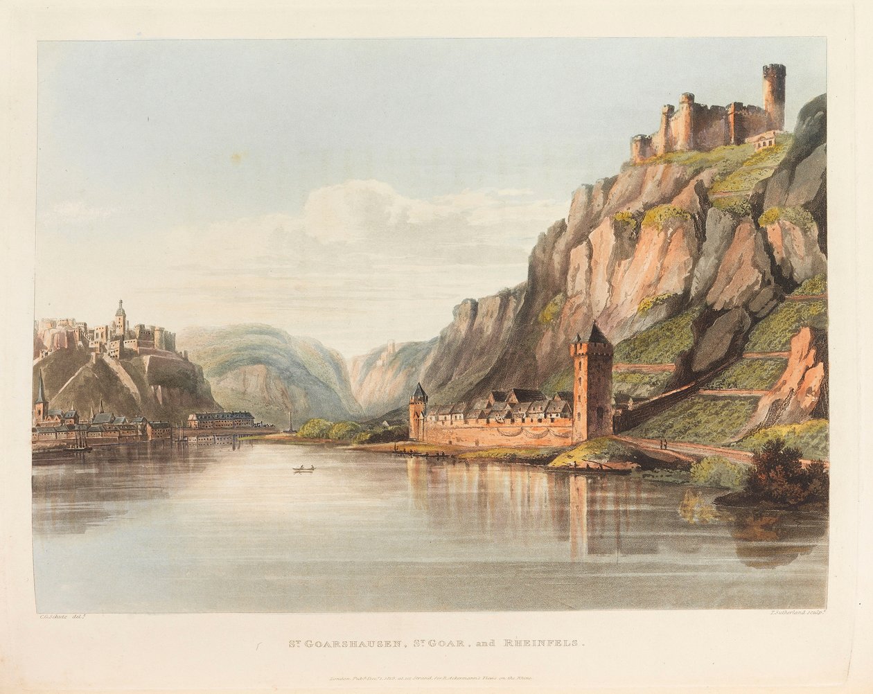 St. Goarshausen, St. Goar i Rheinfels. Od: Malownicza wycieczka wzdłuż Renu, 1820. autorstwa Christian Georg Schütz the Younger