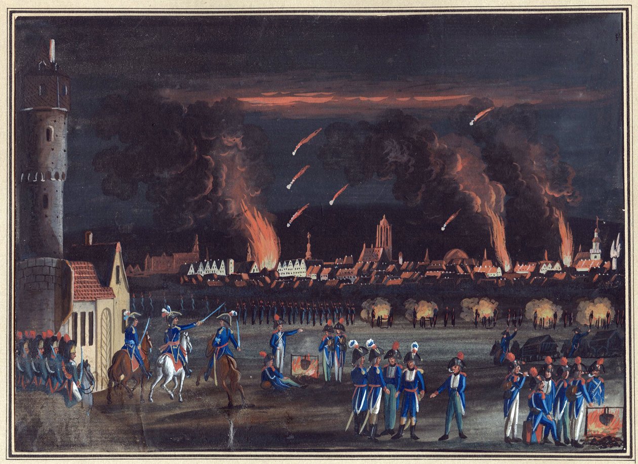 Pierwsza Koalicja – 13 czerwca 1796: Bombardowanie Frankfurtu nad Menem (Frankfurt) przez francuskie Bombardowanie Frankfurtu nad Menem przez armię francuską, 13 lipca autorstwa Christian Georg the Elder Schuetz