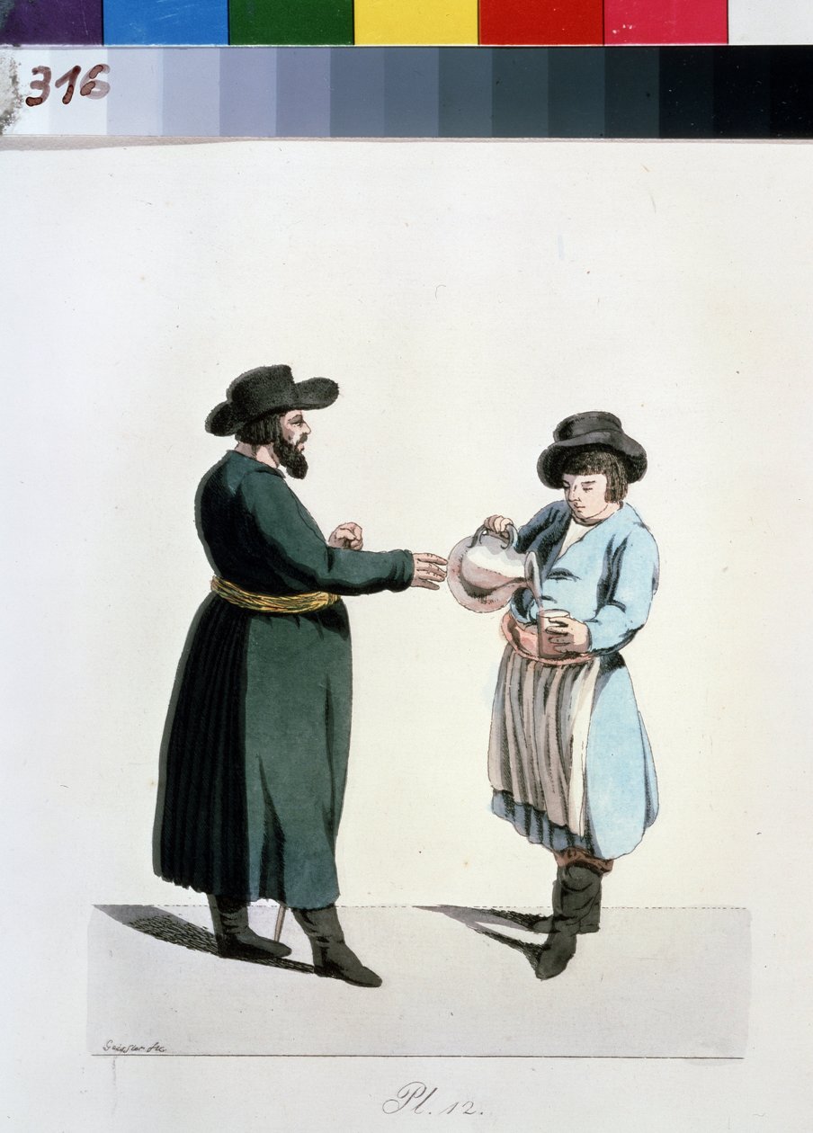 Seria o kupcach moskiewskich: sprzedawca kwasu chlebowego (kwas lub kwass). Sprzedawca kwasu chlebowego (z serii Moskiewscy kupcy). Rysunek Christiana Gottfrieda Heinricha Geisslera (1770-1844) autorstwa Christian Gottfried Geissler