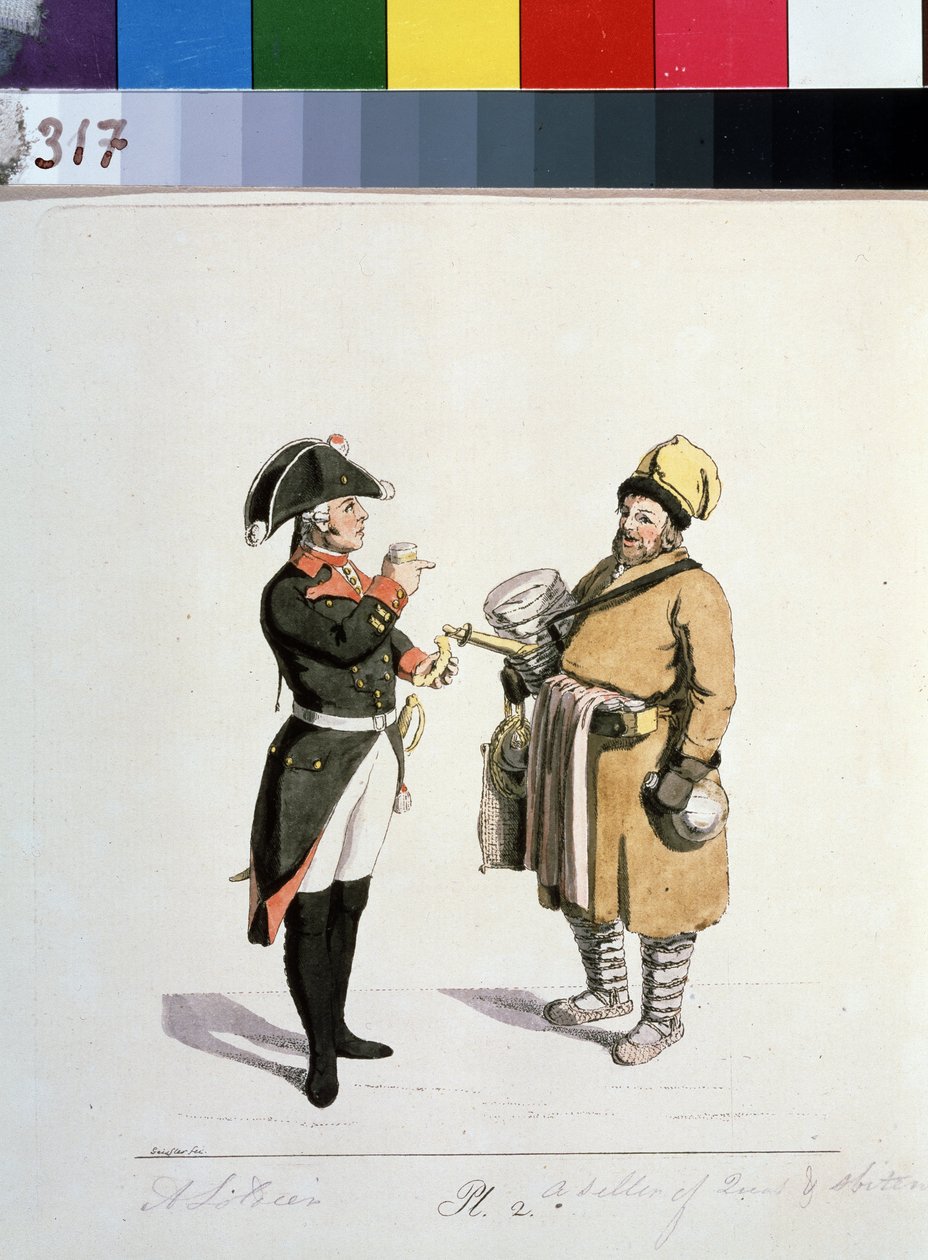 Seria o kupcach moskiewskich: sprzedawca sbiten. Sprzedawca Sbiten (z serii Moskiewscy kupcy). Rysunek Christiana Gottfrieda Heinricha Geisslera (1770-1844) autorstwa Christian Gottfried Geissler