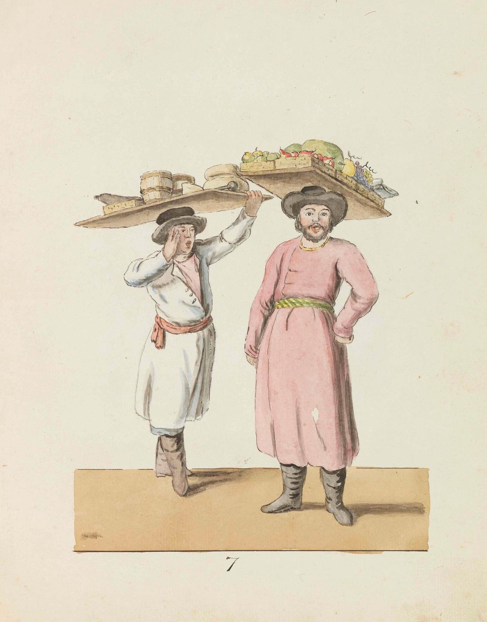 Owocownik i chłop sprzedający sery i śledzie Z cyklu St. Petersburg..., 1799. autorstwa Christian Gottfried Heinrich Geissler