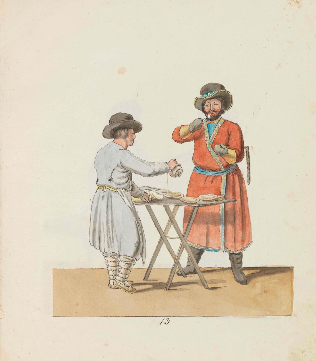 Sprzedawca kiseli i dworski woźnica Z serii Petersburscy handlarze, 1799. autorstwa Christian Gottfried Heinrich Geissler