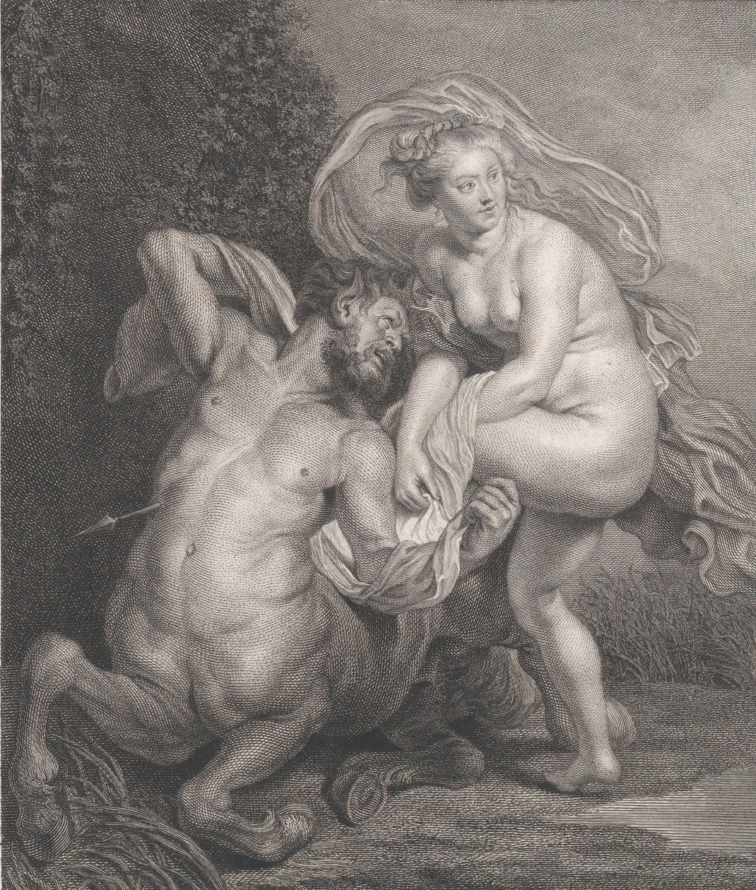 Deianeira otrzymuje zatrutą tunikę od Nessusa, a ranny centaur spada na..., 1778. autorstwa Christian Gottfried Schulze