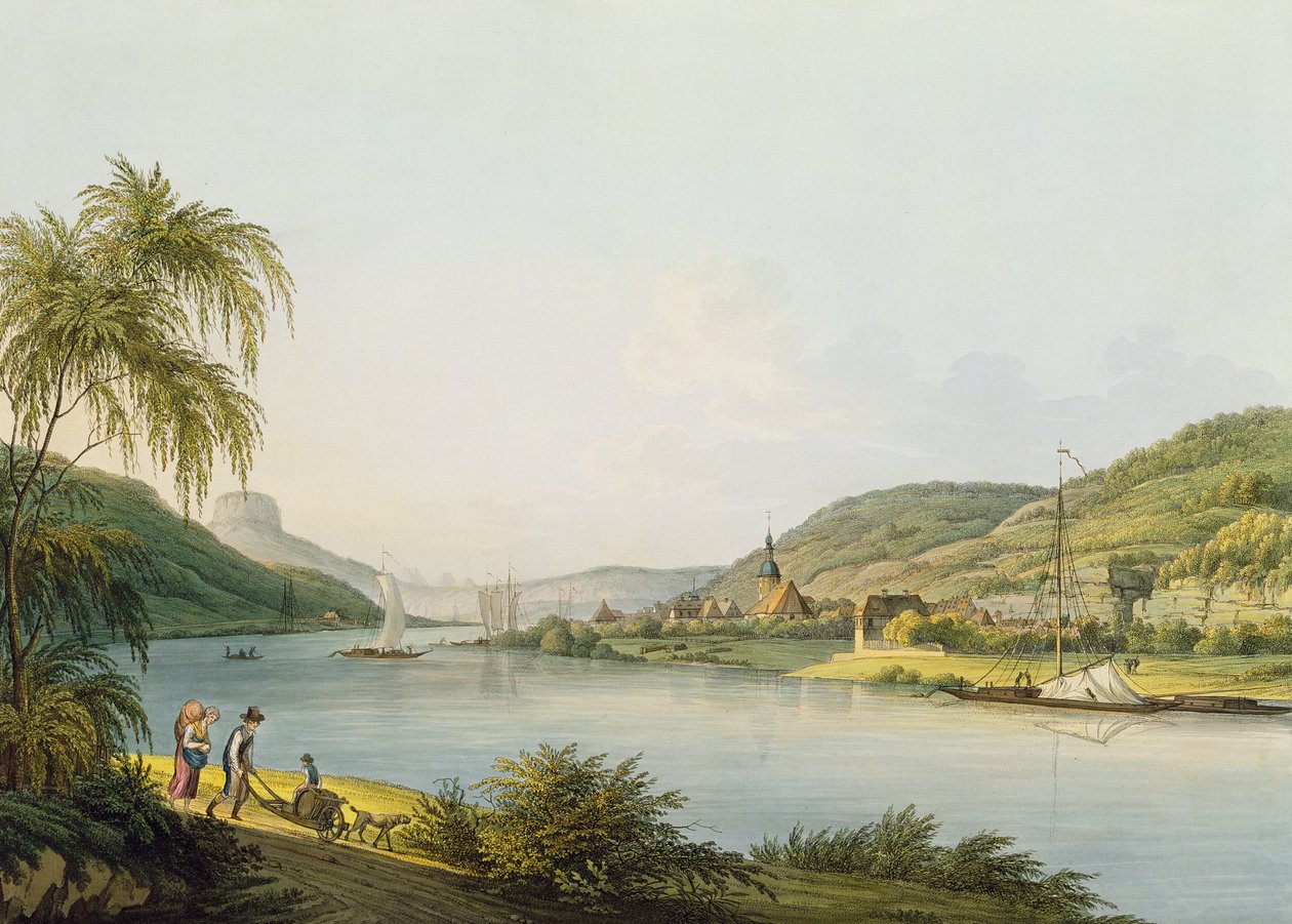 Widok na południową część Schandau nad Łabą w Saksonii na granicy Czech (rycina z akwarelą) autorstwa Christian Gottlob Hammer