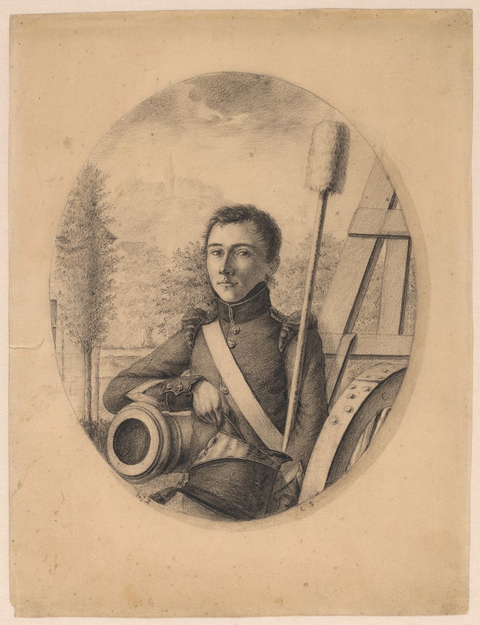 Portret młodego żołnierza z kepi w prawej ręce, opartego o lufę armaty (autoportret?) autorstwa Christian Heinrich Gottlieb Steuerwald