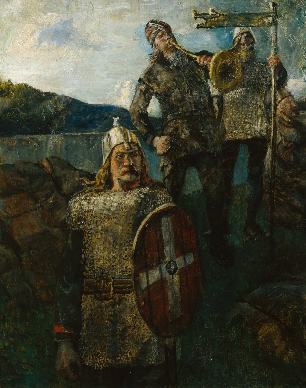 Król Olav dał dźwięk armii autorstwa Christian Krohg