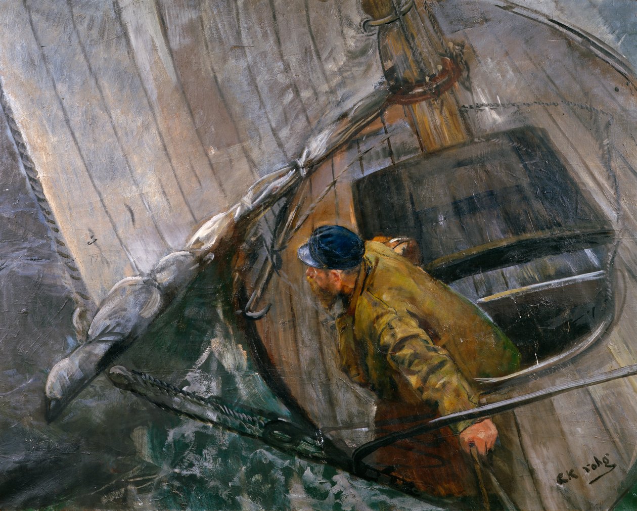 Żeglowanie z żaglami refowymi (malowanie) autorstwa Christian Krohg