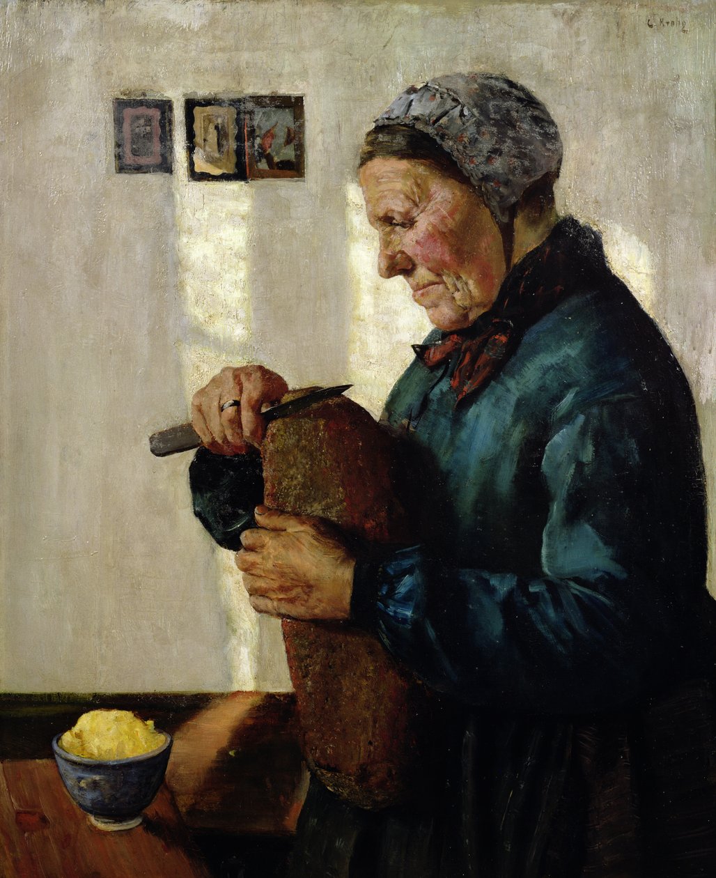Kobieta kroi chleb autorstwa Christian Krohg