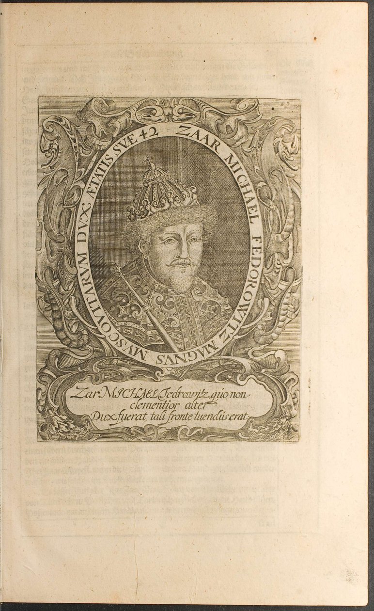 Portret cara Michała I Fiodorowicza Ilustracja z Podróży do wielkiego księcia moskiewskiego autorstwa Christian Lorenzen Rothgiesser