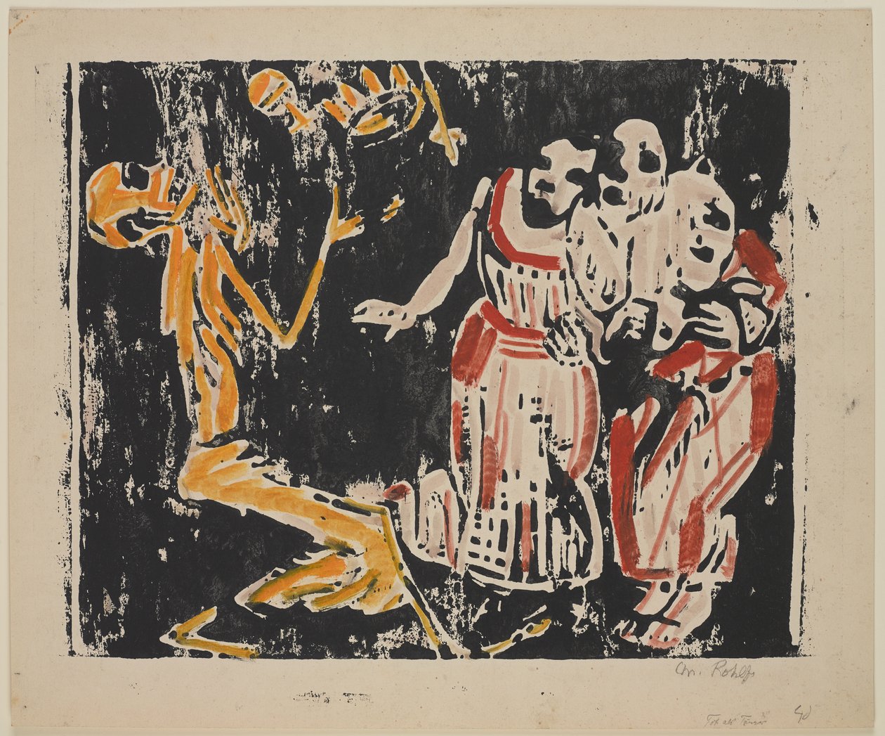 Death as Juggler (Revolution) (Tod als Jongleur [Revolution]), 1918-19 (kolorowy drzeworyt na żółto, czerwono i czarno na grubym papierze) autorstwa Christian Rohlfs